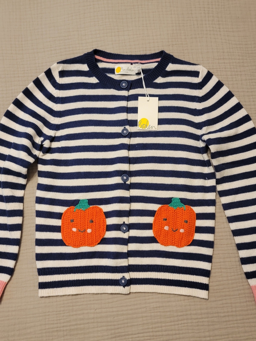 Boden Kids Navy & White Stripe Cardigan with Embroidered Pumpkins